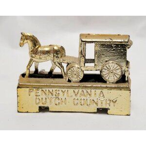 Vintage Pennsylvania Dutch Country Gold Horse & Buggy Metal Pencil Sharpener